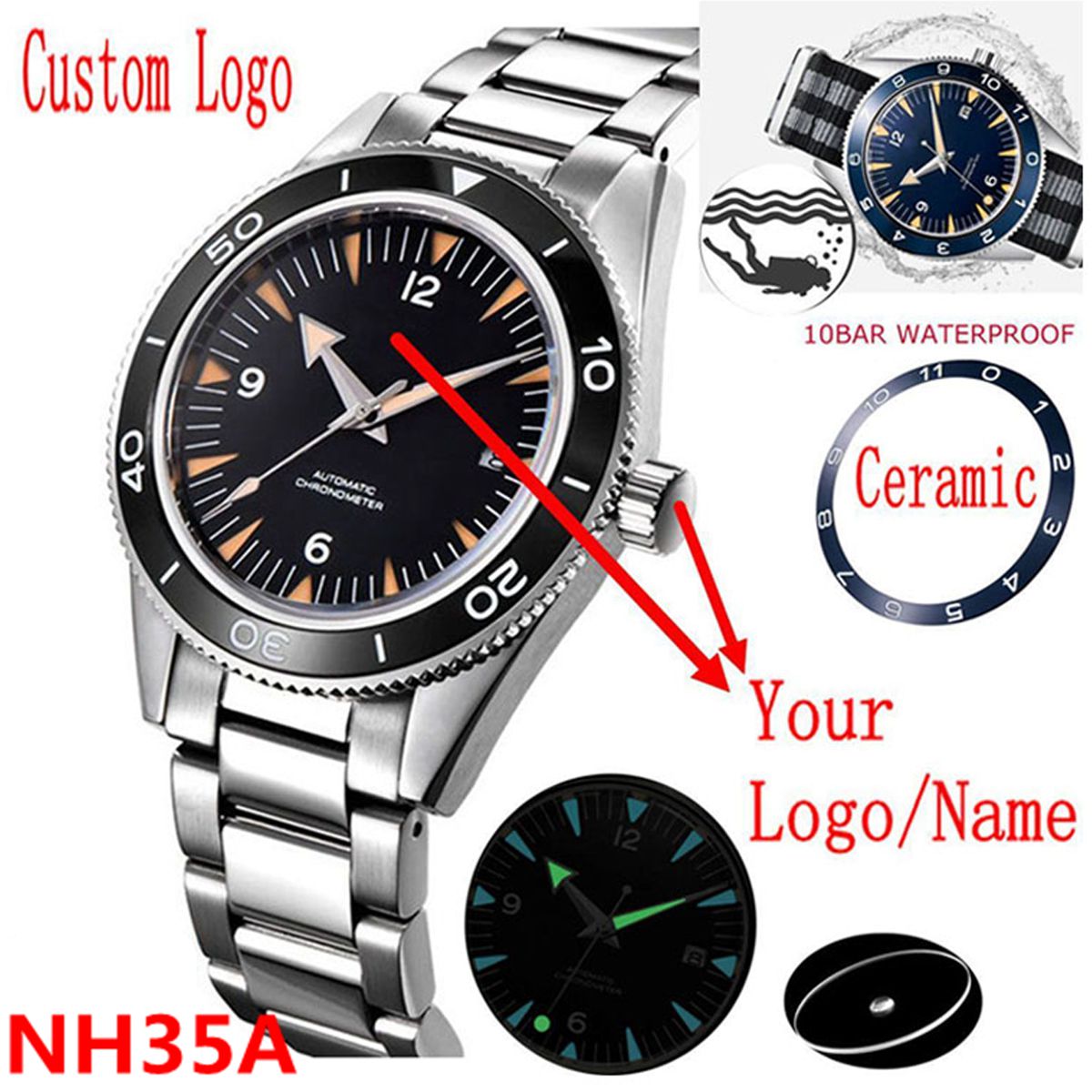 Luxury Watch Quality - โลโก้ที่กําหนดเอง NH35 นาฬิกา 10 บาร์ Mens