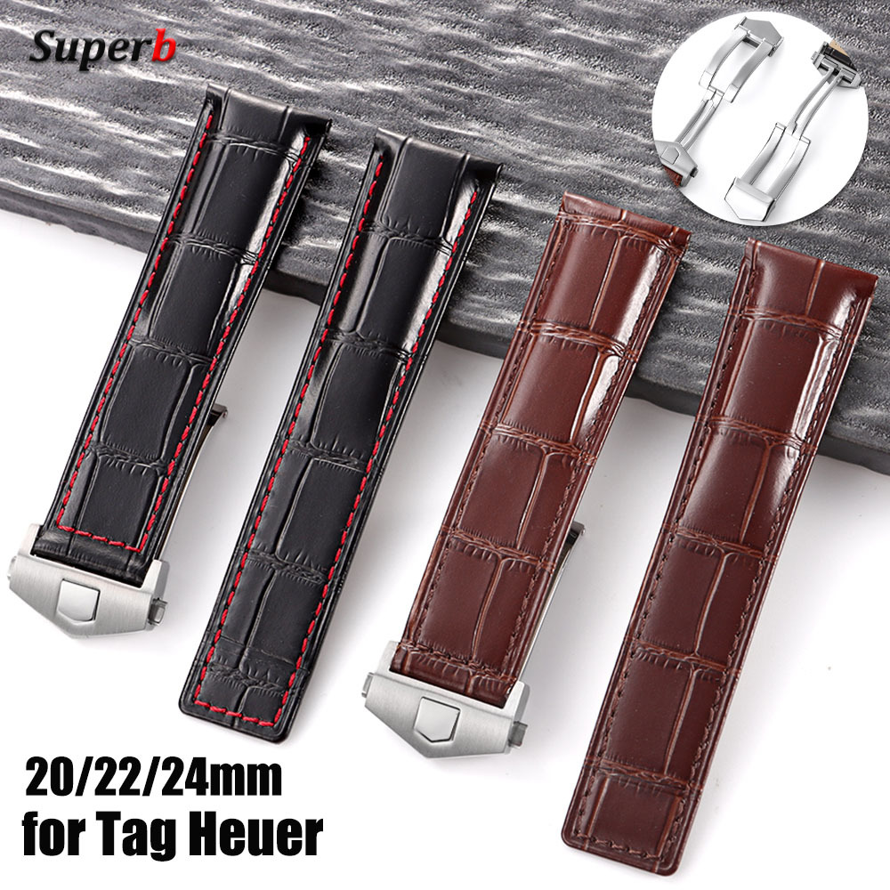 Tag Heuer Is Luxury Watch - สายนาฬิกาหนังวัว 20/22/24 สำหรับแท็ก ฮอยเออร์ คาร์เรราลายจระเข้กันน้ำผู้ชายหัวเข็มขัดแบบพับได้หรูหราสายนาฬิกา