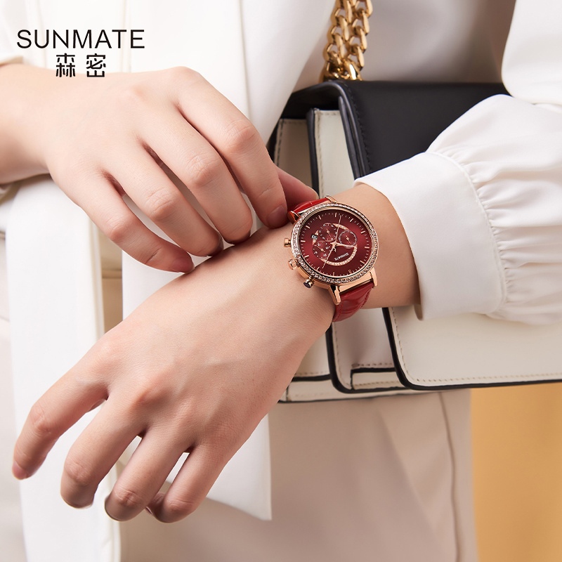 Luxury Watch Tier - SUNMATE นาฬิกาผู้หญิงหรูหราและสง่างามระดับท็อป กลไกนำเข้า สายหนังแท้ นาฬิกาควอตซ์กันน้ำสำหรับผู้หญิง