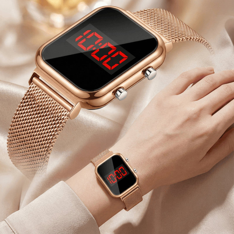 Luxury Watch Life - นาฬิกาข้อมือดิจิตอล LED ทรงสี่เหลี่ยมผืนผ้า สายโลหะแบบตาข่าย ดีไซน์หรูหรา สำหรับผู้ชายและผู้หญิง