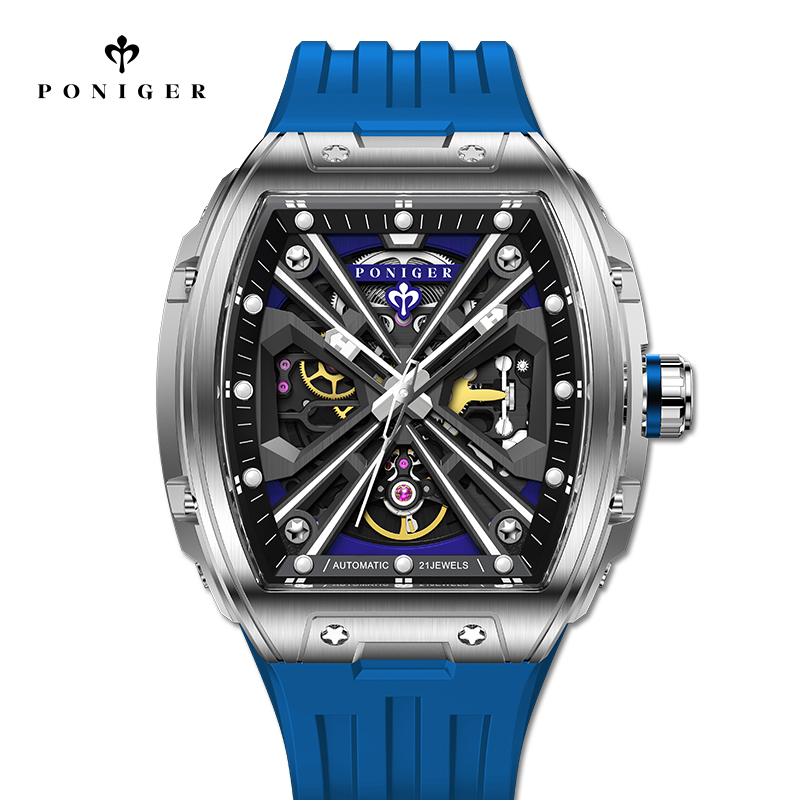 Luxury Watch On Rubber Strap - PONIGER หรูหรานาฬิกาผู้ชายอัตโนมัติ 50M กันน้ำดีไซน์โครงกระดูกคู่ HD เรืองแสงบนสายยางนาฬิกา