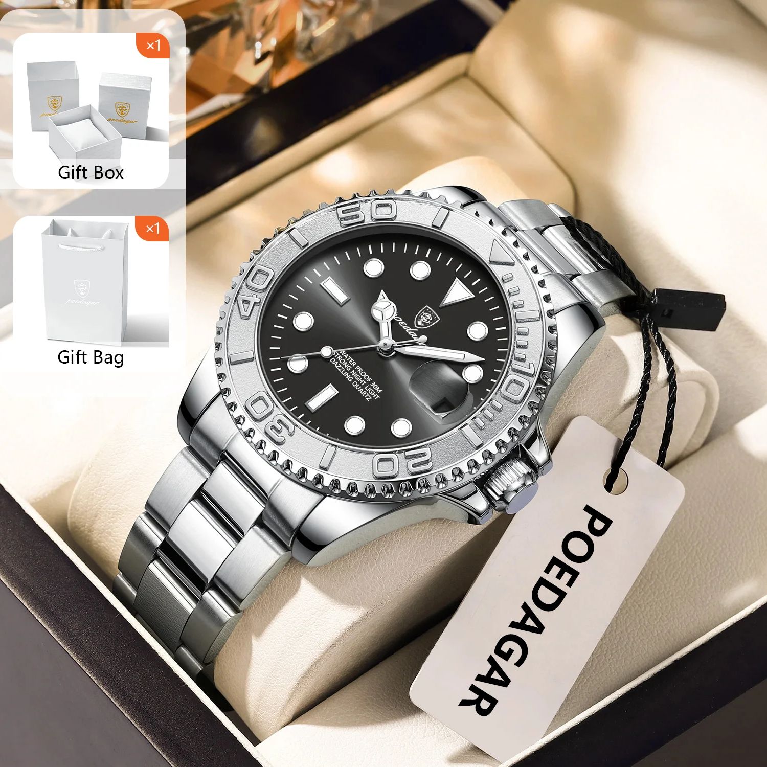 Luxury Watch Business - POEDAGAR อินเทรนด์กีฬาผู้ชายนาฬิกาส่องสว่างกันน้ําสแตนเลสวันที่ผู้ชายนาฬิกาข้อมือหรูหราธุรกิจผู้ชายควอตซ์นาฬิกา + กล่อง