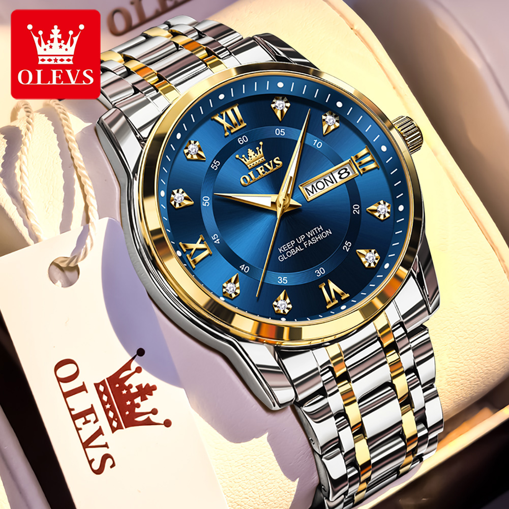 Luxury Watch Investment - OLEVS แบรนด์นาฬิกาแฟชั่นผู้ชายสแตนเลสกันน้ำนาฬิกาข้อมือควอตซ์ส่องสว่างนาฬิกาต้นฉบับสำหรับผู้ชายปฏิทินคู่
