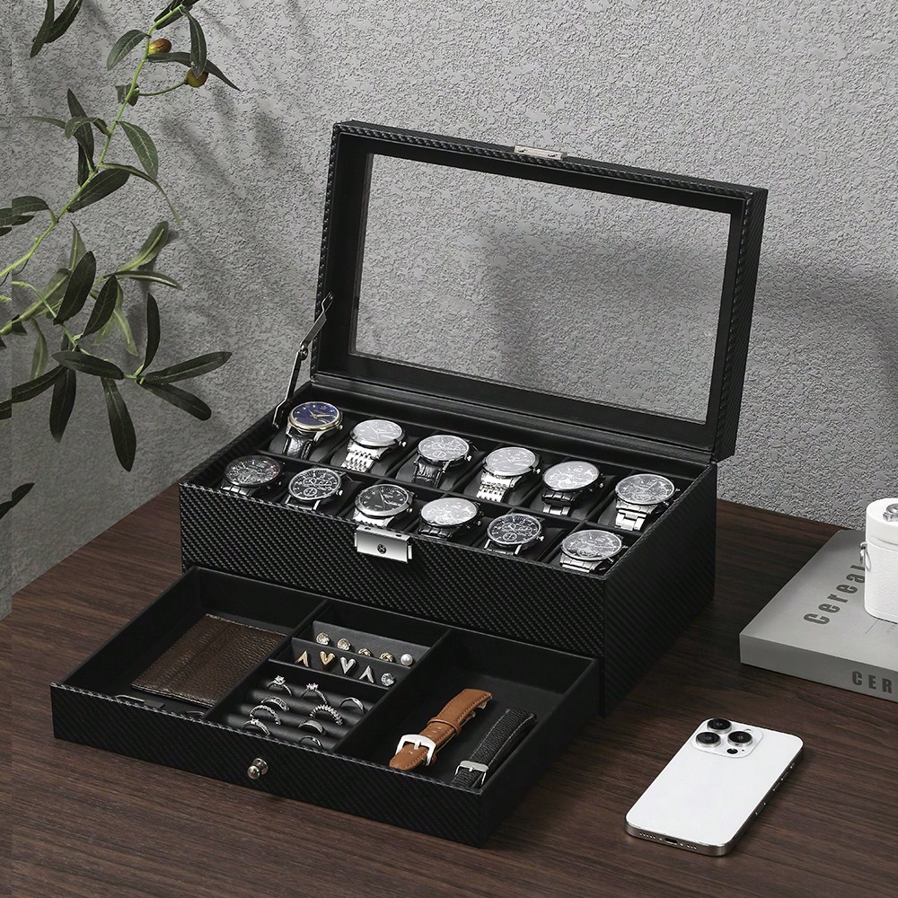 Luxury Watch Tier - กล่องใส่นาฬิกาหนัง 12 ช่อง พร้อมฝาแก้วและลิ้นชัก, กล่องโชว์นาฬิกาหรูหรา, ที่เก็บเครื่องประดับ
