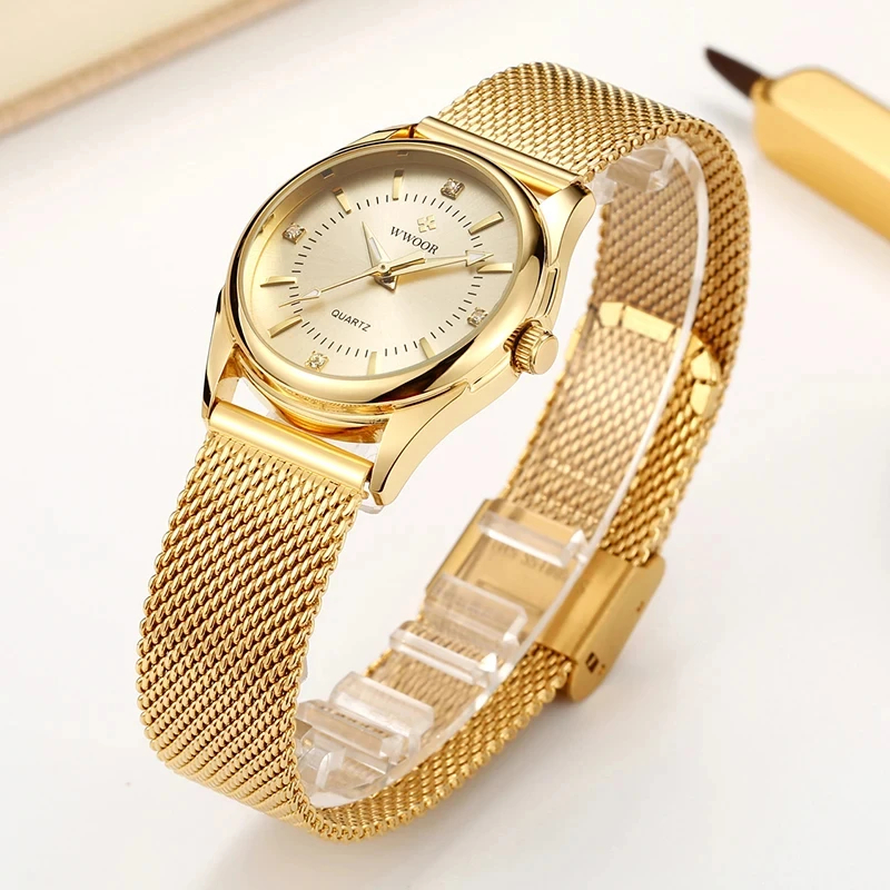Luxury Watch Brand For Women - WWOOR แบรนด์หรูชุดทองนาฬิกาสุภาพสตรีเพชรนาฬิกาข้อมือควอตซ์ขนาดเล็กสําหรับผู้หญิงตาข่ายเหล็กนาฬิกา zegarek damski