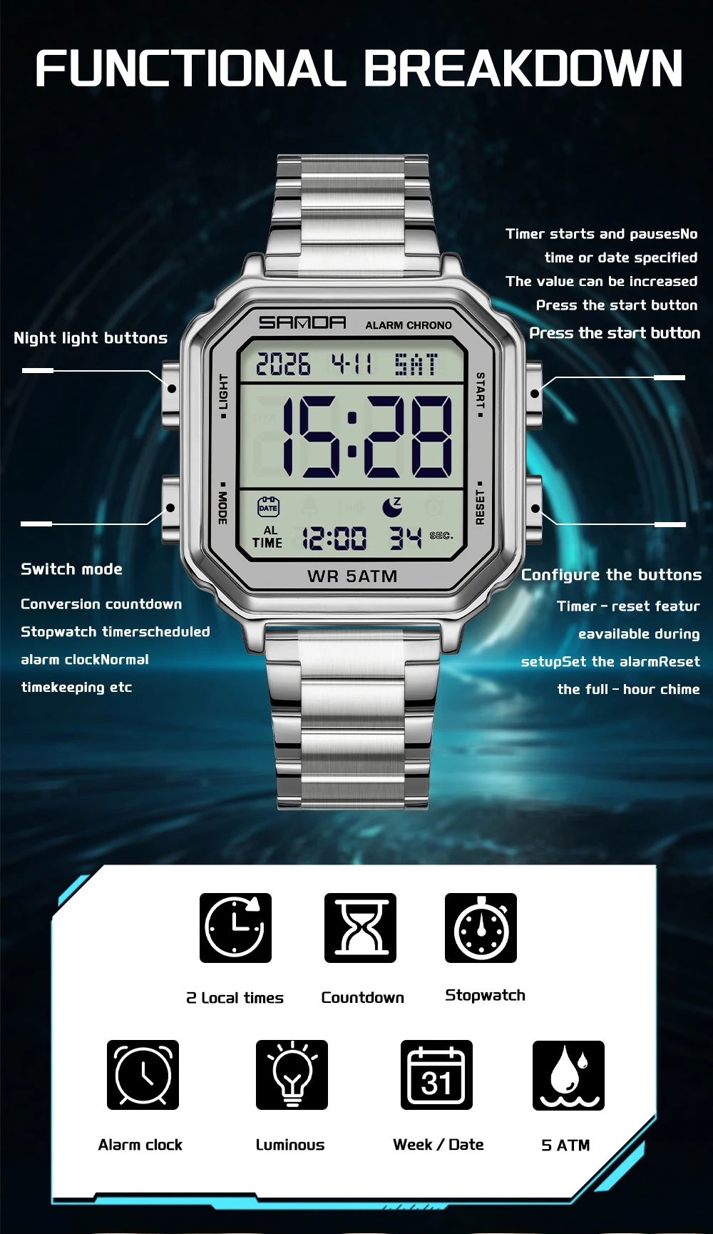 SANDA 6379 นาฬิกาอิเล็กทรอนิกส - Luxury Watch Tier บทวิจารณ์และราคา